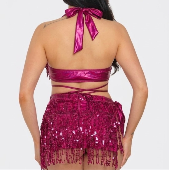 NEW NWT PINK UpCOACHELLA Sequin Bikini Top And Fringe Bottom Festival Set large - Picture 4 of 4